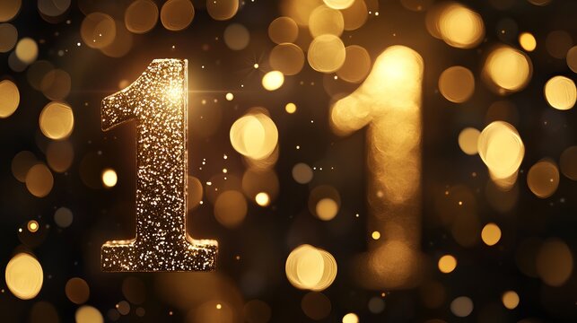 Glowing golden number one sparkles intensely against a dark, bokeh background, representing victory, success, and celebration moments