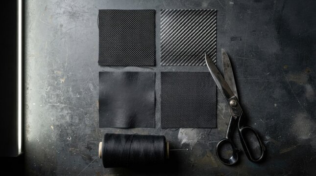 Technical textile swatches including ballistic mesh, carbon fiber weave and coated nonwoven fabric arranged with shears.