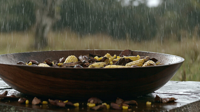 Wooden bowl filled with mixed nuts and corn snacks sitting outdoors during light rain