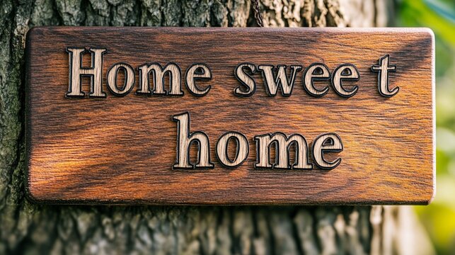 A wooden plaque carved with the heartwarming phrase "Home sweet home" is affixed to a tree, evoking a sense of warmth, belonging, and comfort in nature.