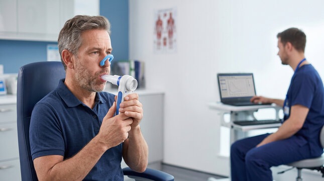 Mature man performing lung function test focused on health with calm expression during medical examination in clinic room at hospital