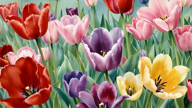 Beautifully animated 4K watercolor floral background showcasing colorful blooming tulip flowers expanding and unfurling gracefully in a smooth seamless loop designed as an elegant artistic overlay
