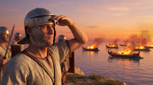 Roman soldier watches burning ships during an ancient naval battle. Ancient warships ablaze across the harbor. Roman military history. Classical warfare and history illustration.