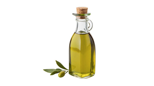 Glass bottle of organic extra virgin olive oil isolated on transparent background