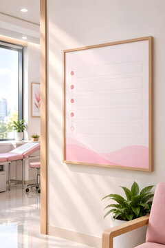 Blank poster mockup on clinic wall, square frame mockup in medical spa interior, modern healthcare poster template