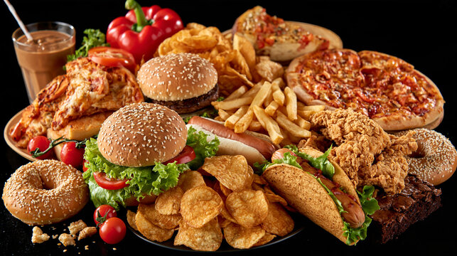 Platter of diverse greasy fast food items featuring burgers pizza hot dogs and fried