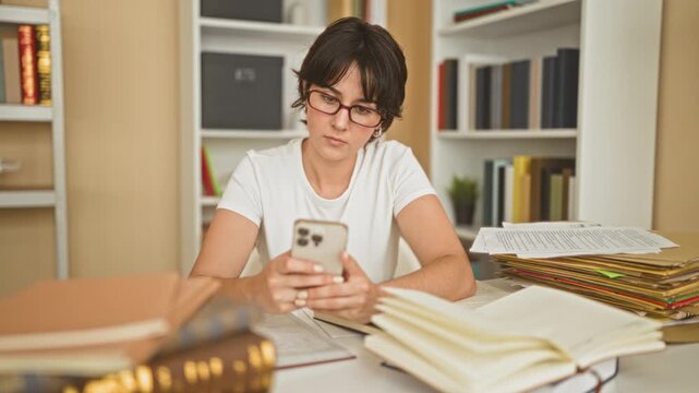 Woman holding smartphone and tapping screen while reading open books at a desk in a building study room; concentration.