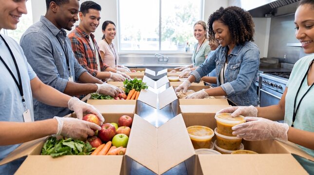Volunteers packing fresh food boxes in a community kitchen. Food bank donations and hunger relief. Community service, mutual aid and charitable giving. Volunteer teamwork and food aid.