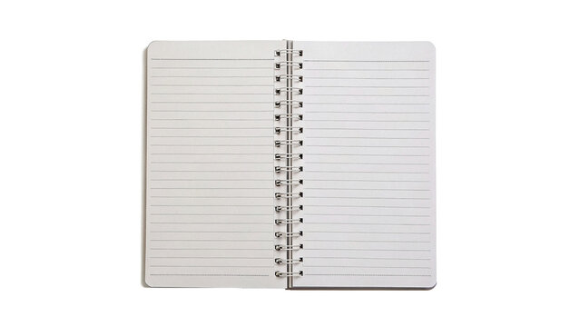 Open blank spiral notebook with lined white paper pages isolated on transparent background