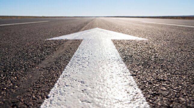White directional arrow painted on empty paved runway. Forward direction and wayfinding concept. Travel, transportation and route planning. Progress, navigation and decision making.