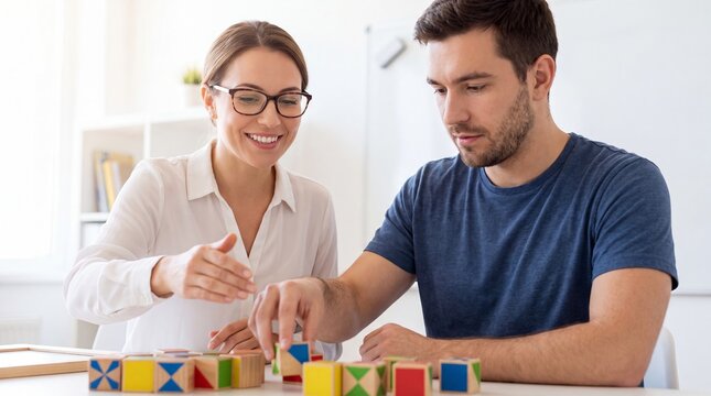 Woman guiding a man through a colorful block activity at a therapy table. Cognitive rehabilitation and occupational therapy. Adult learning and problem solving. Motor skills assessment.