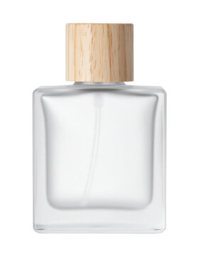 Frosted glass perfume bottle with wood cap on transparent background