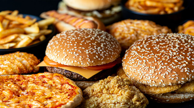 Freshly prepared cheeseburgers served with crispy french fries and pizza on a dark