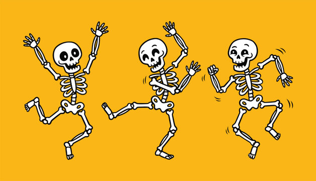 Three cute cartoon skeletons dancing happily
