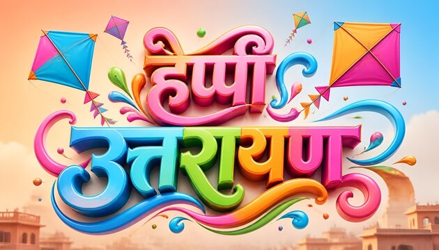 Colorful 3d rendering of happy uttarayan text in hindi with flying kites and vibrant arcs, celebrating the indian festival