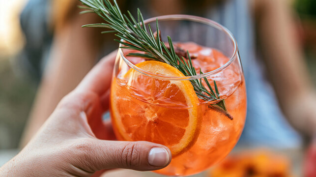 Hand holding a refreshing orange cocktail garnished with fresh rosemary