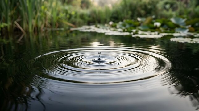 A single water drop creates a beautiful ripple effect on a calm pond, symbolizing the powerful impact of small acts of kindness on World Kindness Day and the peace shared across the globe.