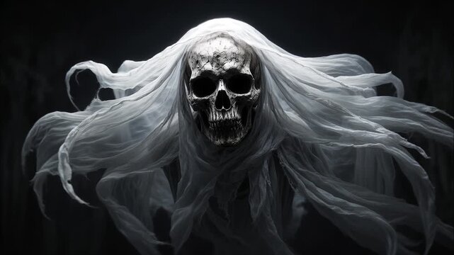 Eerie spectral figure with a human skull face floating and approaching. A scary, undead monster for halloween horror or supernatural themes