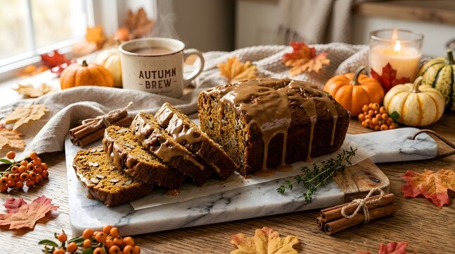 A cozy autumn still life displaying a freshly baked loaf cake alongside a warm cup of coffee and fall themed decorations