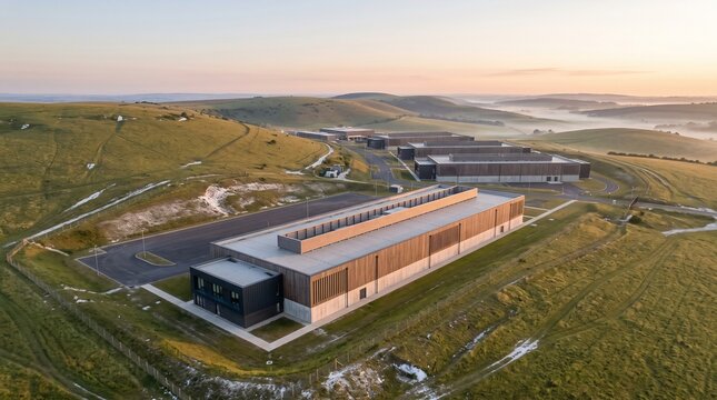 Data Center Campus Sunrise Aerial Of A Timber Clad Hall Along A Winding Road Across Green Downland With Valley Mist