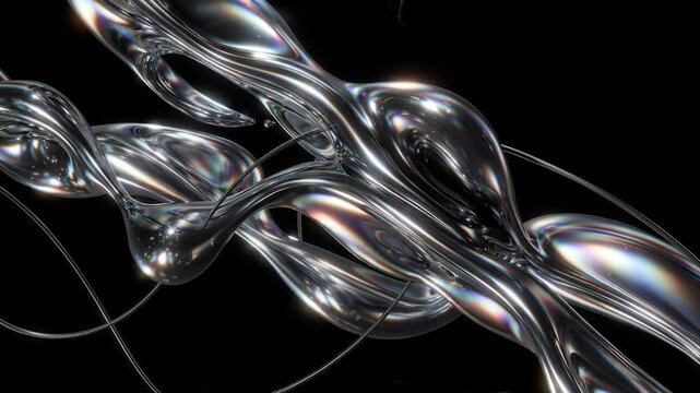 Abstract liquid chrome metal with iridescent dispersion effect slowly waving on a black background