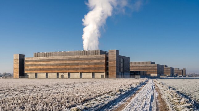 Data Center Water Consumption With A Vapor Plume Over A Frosted Field