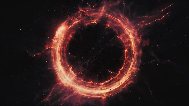 Pulsating black hole emitting fiery plasma flares into deep space with a starfield background representing a powerful singularity