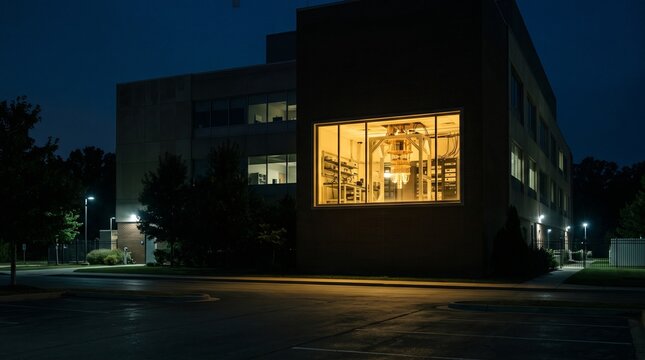 Quantum Computing Lab Glowing In A Brick Research Building At Night