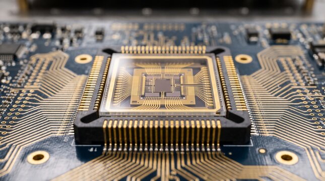 Quantum Processor Chip Macro Of A Gold Multi Die Package In A Socket