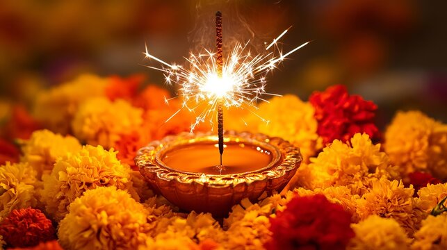 Sparkling diya lamp rests on marigold petals, radiating bright light, symbolizing Diwali festivities, joyous celebrations