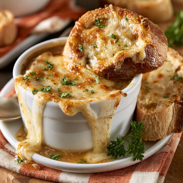 French onion soup in a white bowl topped with melted cheese and toasted bread