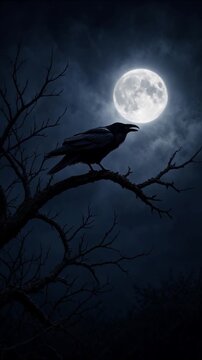 Spooky raven crow perching on branch at night with full moon, preparing to fly for halloween