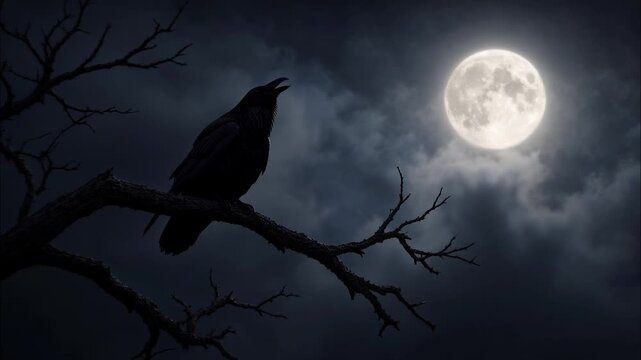 Spooky silhouetted raven croaking and flying from a bare tree branch against a cloudy night sky with a bright, full moon