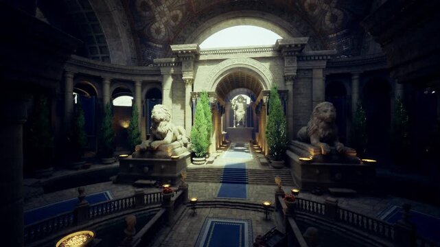 regal entrance with reclining guardian lions, sunlit portal framed by topiary, blue carpet between sculpted pedestals, cinematic heritage vibe
