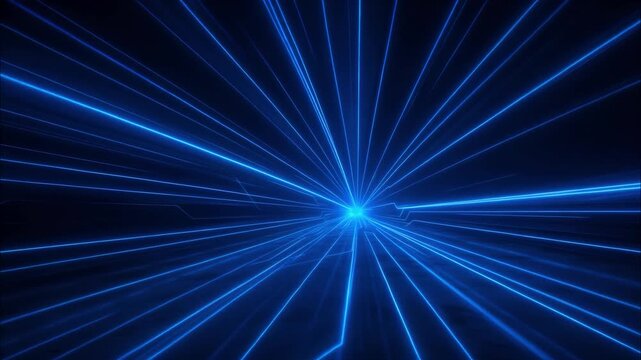 Blue neon lights traveling through a digital circuit board and data tunnel toward a central processing unit