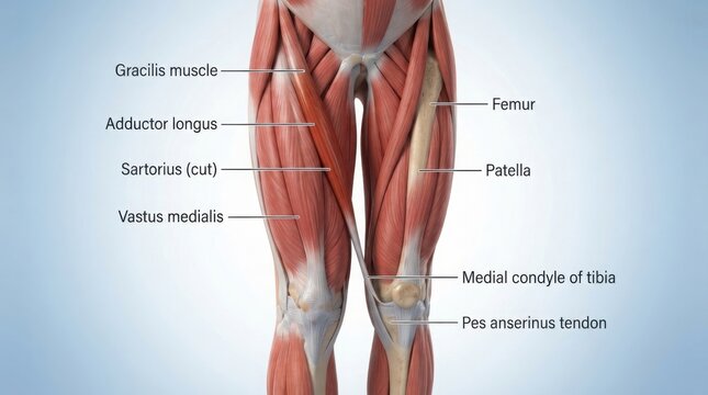 Human leg muscle anatomy diagram with labeled parts illustration