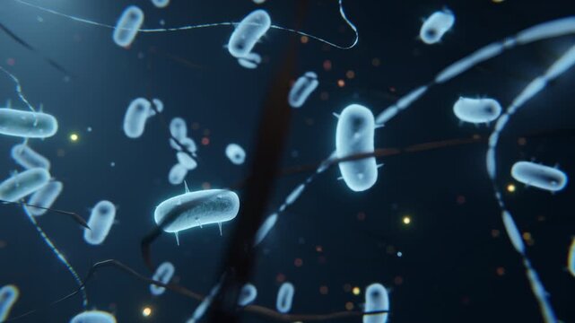 3D render of microscopic glowing bacteria moving in dark fluid background