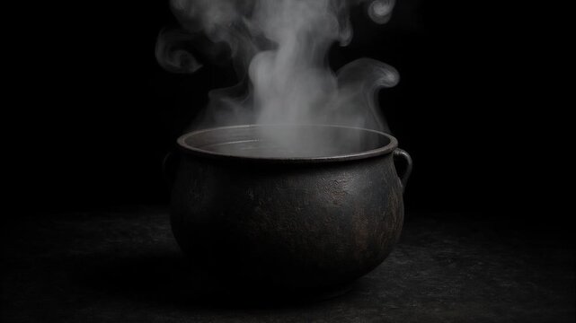 Witch's antique black cauldron smoking with magic potion against a dark background for halloween celebration
