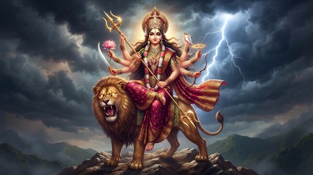 Image is a vibrant digital illustration depicting a multi-armed goddess figure, seated majestically on a lion. The goddess has a serene expression, with fair skin and long, flowing black hair adorned 