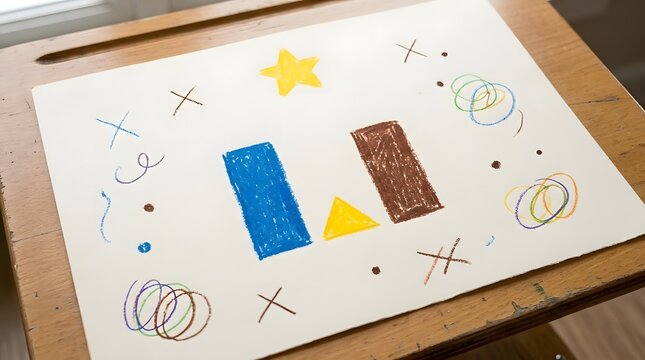 Minimal Nativity scene interpreted as a child&rsquo;s carefully arranged crayon drawing, baby Jesus, Mary and Joseph expressed through intentionally simple confident shapes while sparse houses, plants and a