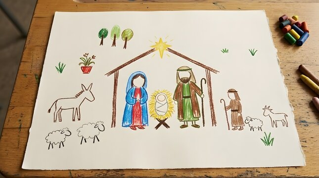 Minimal Nativity scene interpreted as a child&rsquo;s carefully arranged crayon drawing, baby Jesus, Mary and Joseph expressed through intentionally simple confident shapes while sparse houses, plants and a