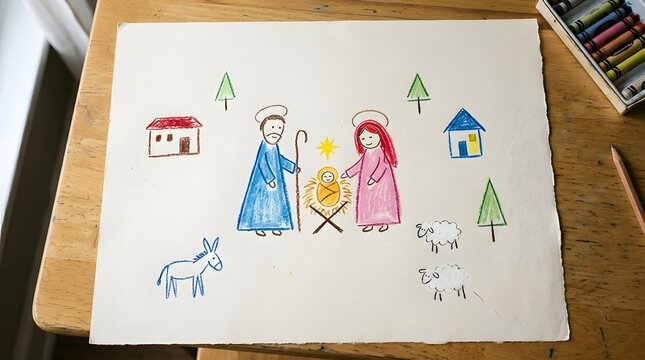 Minimal Nativity scene interpreted as a child&rsquo;s carefully arranged crayon drawing, baby Jesus, Mary and Joseph expressed through intentionally simple confident shapes while sparse houses, plants and a