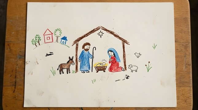 Minimal Nativity scene interpreted as a child&rsquo;s carefully arranged crayon drawing, baby Jesus, Mary and Joseph expressed through intentionally simple confident shapes while sparse houses, plants and a