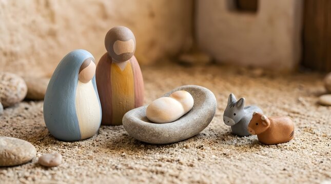 Minimal Nativity interpretation created from smooth rounded pebble-like characters, baby Jesus represented by the smallest softly painted form resting inside a shallow curved cradle while Mary and Jos