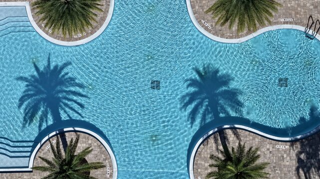 Aerial view of the swimming pool at Windward Ranch Boulevard with palm trees casting long shadows on the turquoise water and surrounding stone patio in St. Johns County, Florida, United States.