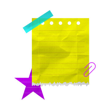 Yellow Crumpled Lined Sticky Note Paper with Washi Tape, Purple Paper Clip, and Star Isolated on White Background PNG, Blank Notepad Sheet Template for Memo, Scrapbooking, To-Do List