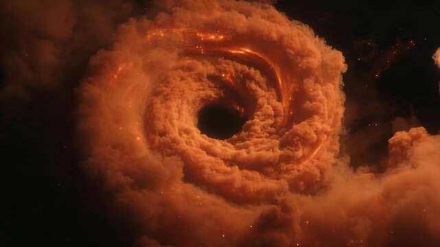 Swirling cosmic vortex with a black hole singularity in deep space. Fiery accretion disk forming in a celestial nebula