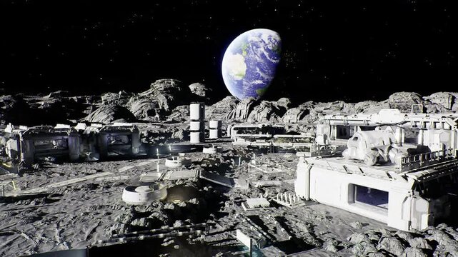 Lunar mirrored pools reflecting Earthrise vista, reservoir tanks and containment walls, cryogenic chill pipes, filtration modules feeding hydroponic gardens