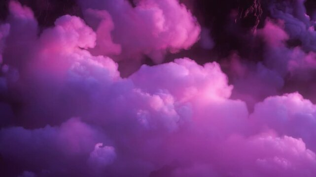 Pink and purple clouds floating in a dramatic stormy dark sky with lightning flashes illuminating the atmosphere at night