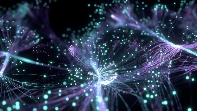 Abstract neon flowers blooming in a digital universe with fiber optic light trails and glowing bokeh particles on black background